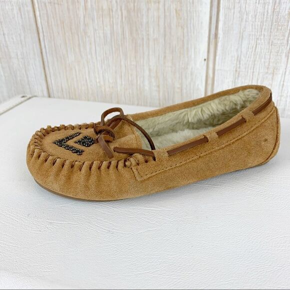 Gabriella Rocha Tan Suede‎ Lined Beaded  Moccasins Sz 5 Trending Fur Lining - Picture 4 of 7